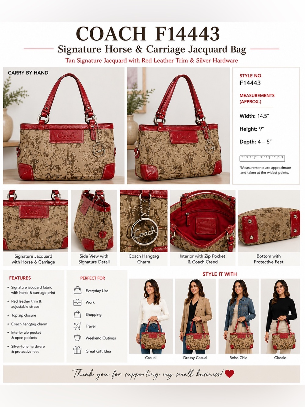 Coach F14443 Signature Jacquard Horse Carriage Shoulder Bag Red Leather